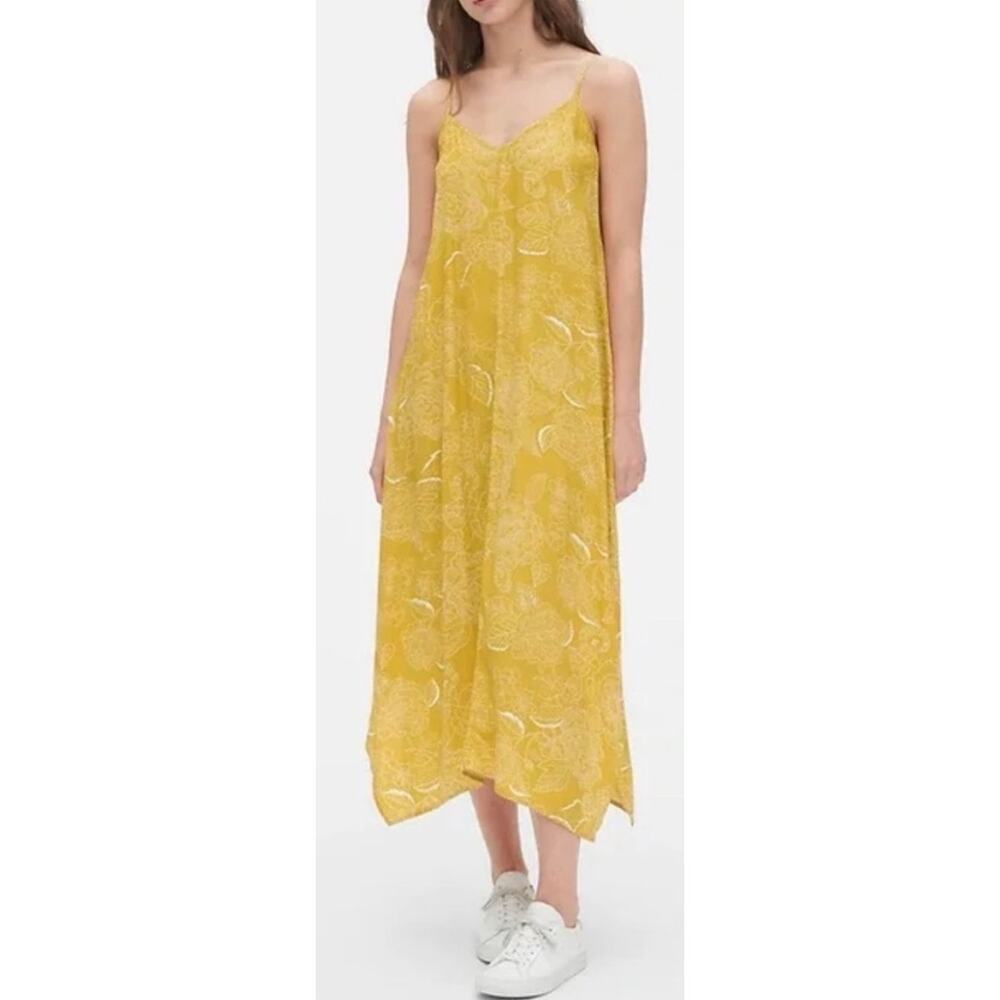 GAP crisscross straps midi side slits hanky yellow flowers dress, size medium